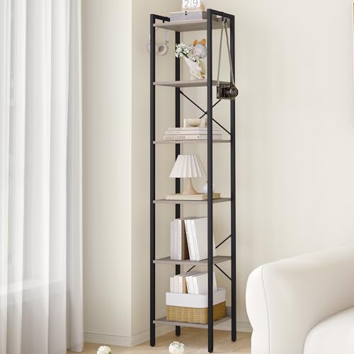 Hzuaneri Bookshelf, Book Shelf, Industrial Bookcase with 2 Hooks, | Coner Shelf Storage Organizer for Home Office, Living Room, Bedroom, Kitchen, 6-Tier Greige BC10705B - color: Greige, size: 9.4"D x 15.4"W x 72.8"H