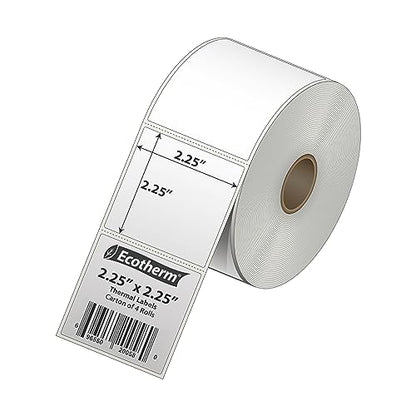 2.25" x 2.25" Thermal Labels | 4 Rolls | 2800 Labels | fits Zebra, Munbyn, Rollo, Godex, Arkscan, iDPRT, Offnova Thermal Label Printers and More | Blank White Adhesive Stickers by Ecotherm - size: 2.25 x 2.25 - 2800 Labels