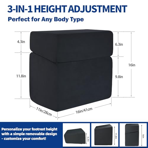 Adjustable Foot Rest for Under Desk At Work - 3-in-1 Ergonomic Foot Stool with Zipper Connection, 6.3"/11.8"/16" Height Adjustable for Office, Home & Gaming (Black)
