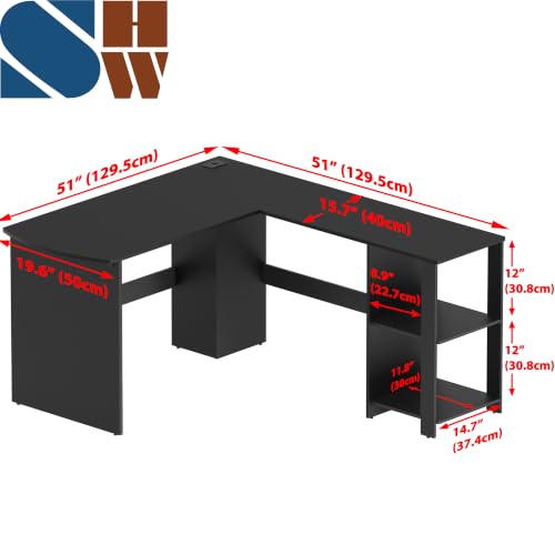 SHW 51 x 51 L-Shaped Home Office Wood Corner Desk with Storage, Black - color: Black