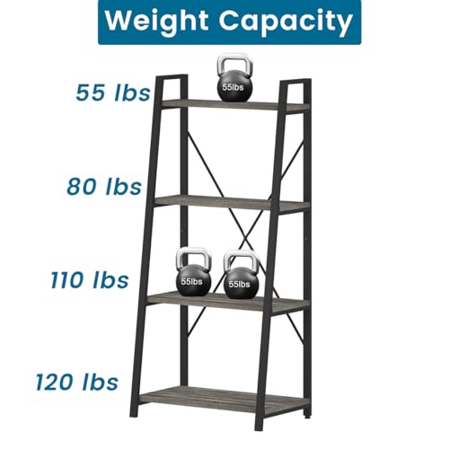 Ladder Bookshelf, 4 Tier Ladder Shelf Bookcase, Wood Leaning Book Shelves for Living Room, Bedroom, Home Office Shelving Unit (Dark Grey Oak) - color: Grey Oak, size: 4-Tier