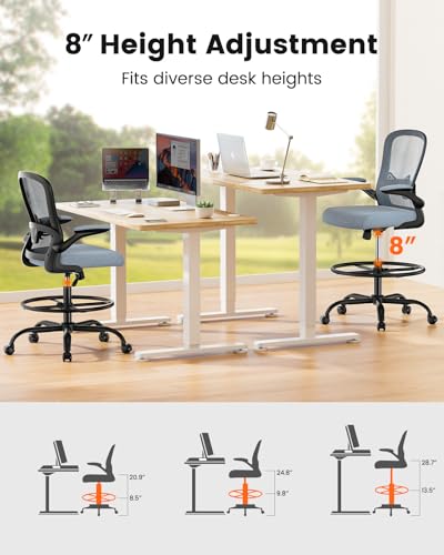 ErGear Drafting Chair,Tall Office Chair with Flip-Up Armrests, High Desk Chair Adjustable Height and Adjustable Footrest Ring, Ergonomic Standing Desk Chair with Lumbar Support, Blue - color: Blue