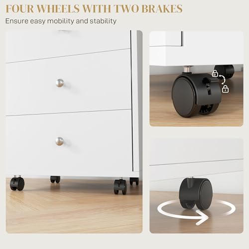 HOMCOM 3 Drawer Home Office Storage Cabinet, Office Drawer on Wheels, White | Removable Tray, Under Desk Printer Stand with Storage