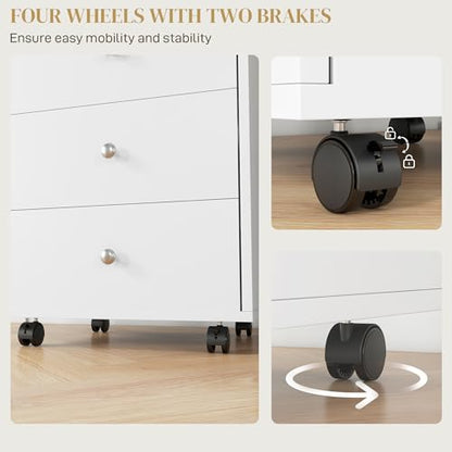 HOMCOM 3 Drawer Home Office Storage Cabinet, Office Drawer on Wheels, White | Removable Tray, Under Desk Printer Stand with Storage