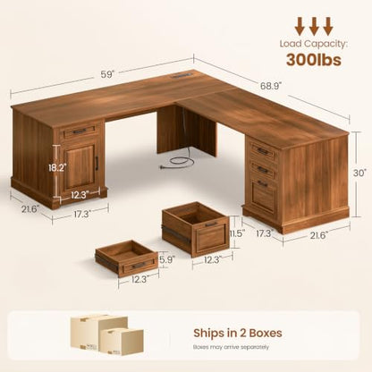 SEDETA 69" L Shaped Computer Desk with 4 Drawers, Storage Cabinet - color: Brown, size: L Shaped Desk