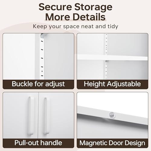 71"H Metal Storage Cabinet with Lock, White Garage Cabinets with 2 Doors and 5 Adjustable Shelves, Steel Locking Caninets Tall Tool Utility Caninet, Lockable File Cabnet for Home Office, Pantry