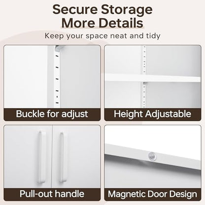 71"H Metal Storage Cabinet with Lock, White Garage Cabinets with 2 Doors and 5 Adjustable Shelves, Steel Locking Caninets Tall Tool Utility Caninet, Lockable File Cabnet for Home Office, Pantry