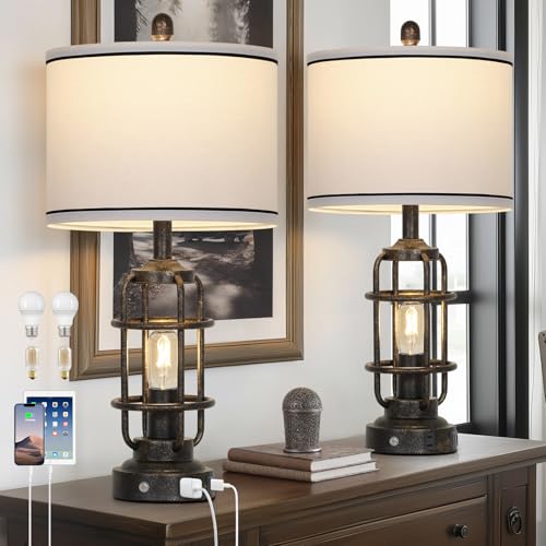 26" Vintage Industrial Table Lamps Set of 2, Farmhouse 3 Way Dimmable Touch Control LED Night Lights Table Lamp with USB A+C Ports & AC Outlet, Rustic Retro Beside Nightstand Lamp for Bedrooms Bronze - color: Bronze-1