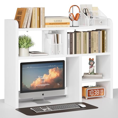 Desk Shelf, Desktop Hutch with 6 Storage Areas, Desktop Organizer Shelf with 27" Large Monitor Compartment, Multipurpose Wood Desktop Display Rack for Computer Desk, Dorm, Office, Home (White)
