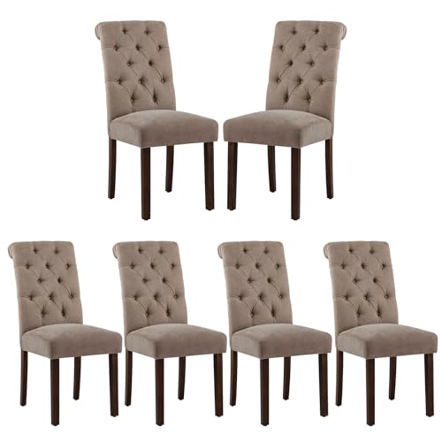 COLAMY Button Tufted Dining Chairs Set of 6, Parsons Upholstered Fabric Dining Room Chairs Kitchen Chairs with Wood Legs and Padded Seat, Taupe - color: Taupe, size: set of 6
