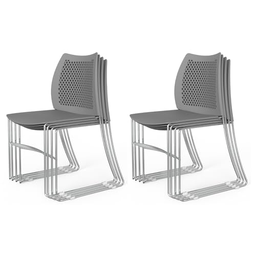 VINGLI 8 Pack Plastic Stacking Chairs, Stackable Office Chairs, Grey | Stackable Office Chair with Metal Sled Base, Ergonomic Plastic Seat & Holes Back, Multiple Use for Waiting Break Room Banquet - color: Grey, size: 8 Pack