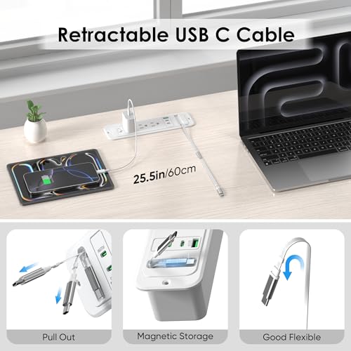 Recessed Power Strip with 60cm Retractable USB C Cable, Flush Mount | Furniture Drawer Outlet kit insert in (4) 20W USB & (3) 15 Amp AC Outlets, Hidden Charging Station for Desktop - color: White