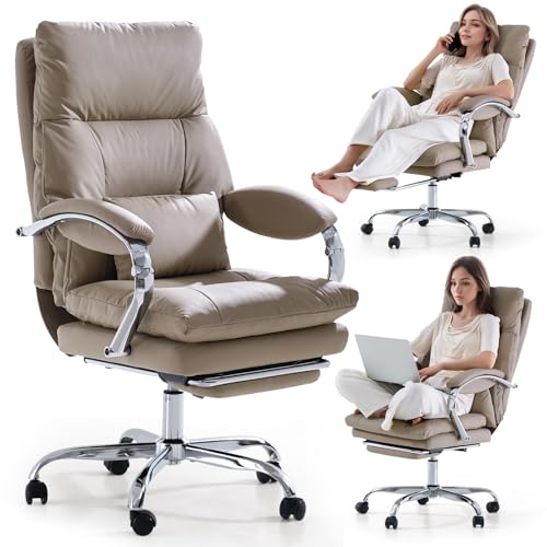 Reclining Office Chair with Foot Rest Executive Desk Chair with Arms | Home Office Chair Ergonomic High Back PU Leather Comfy Swivel Computer Desk Chairs with Wheels and Lumbar Support, Khaki - color: Khaki