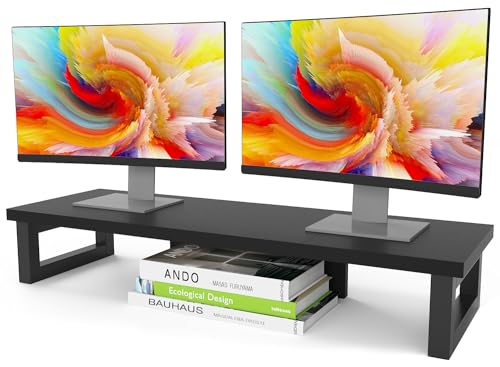 WESTREE Dual Monitor Stand Riser, Wood and Steel Monitor Stand Riser, Computer Monitor Stand for 2 Monitors, Multi-Purpose Desktop Storage Stand for Computer,Laptop,Printer,TV - color: Black