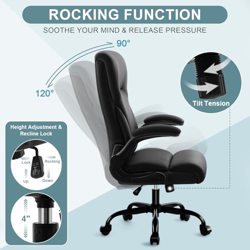 Executive Office Chair,High Back Ergonomic Comfy Desk Chair with Padded Flip-up Armrests and Wheels,PU Leather Heavy Duty Computer Swivel Rolling Task Chair for Home Office,Adults,Black - color: Black