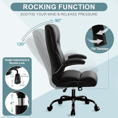 Executive Office Chair,High Back Ergonomic Comfy Desk Chair with Padded Flip-up Armrests and Wheels,PU Leather Heavy Duty Computer Swivel Rolling Task Chair for Home Office,Adults,Black - color: Black
