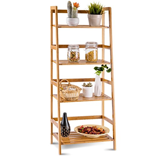 COSTWAY 47.5" Bamboo Ladder Shelf, Multifunctional Plant Stand | Storage Rack, Bookcase Bookshelf Natural (4 Tier) - color: Natural, size: 4 Tier