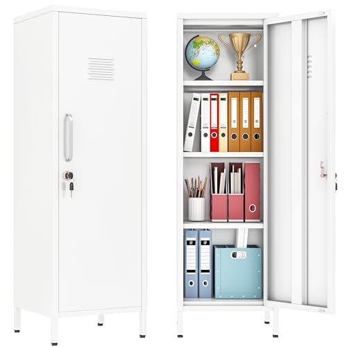 PAOFIN 47" Metal Storage Locker, Lockable Employees Metal Locker with Door and Adjustable Shelves, Steel Locker for Home, School, Office, Gym (White) - color: White, size: 1 door-47"