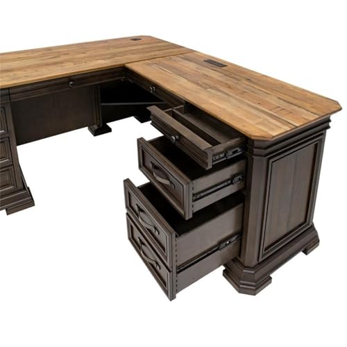 Bowery Hill Executive L-Desk & Return, 68 x 72 x 30 in, Solid Wood Plank Top, Brown Finish, Two-Tone Design, Antique Bronze Hardware, Dropfront Drawer, AC/USB Power Center, Fully Assembled Office Desk