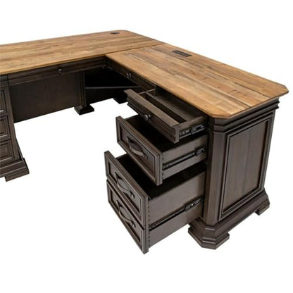 Bowery Hill Executive L-Desk & Return, 68 x 72 x 30 in, Solid Wood Plank Top, Brown Finish, Two-Tone Design, Antique Bronze Hardware, Dropfront Drawer, AC/USB Power Center, Fully Assembled Office Desk