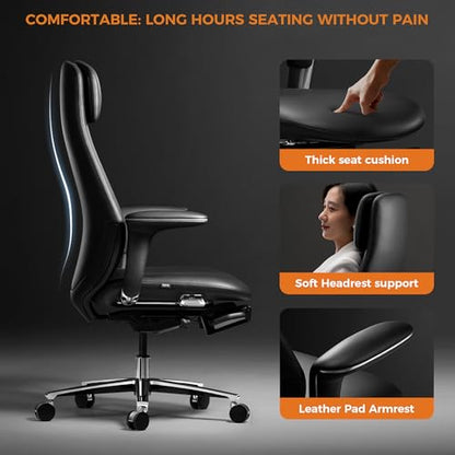 TOMU Executive Office Chair with Foot Rest, Top Grain Genuine Leather Office Chair, Ergonomic High Back Design. Real Leather, Wheels, Alumium Base. Padded Armrest, Luxury and Comfy (Black) - color: Black