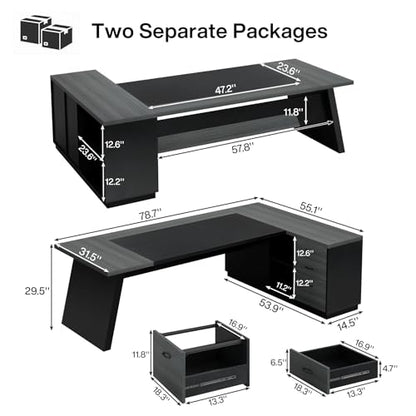 Tribesigns L-Shaped Executive Desk, 78-Inch Modern Office Desk with Drawers and Lateral File Cabinet, Large Bussiness Furniture with Storage Shelves, Workstation for Home Office (Grey + Black) - color: Grey + Black