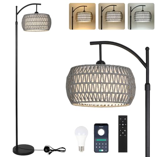 Arc Floor Lamp for Bedroom, Boho Standing Lamp with Remote & LED Smart Bulb, Rattan Floor Lamps for Living Room with 3 Color Temperatures, Height Adjustable Corner Tall Lamp, Stand up Light for Office - style: Bohemian-Grey