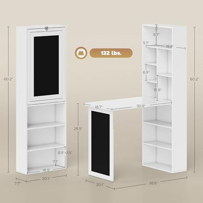 HOMCOM Foldable Convertible Writing Table Space-Saving Computer Desk White | Wall Mounted Design, Chalkboard, Storage Shelves, for Small Spaces, Home Office, Bedroom, Dorm, Apartment - color: White