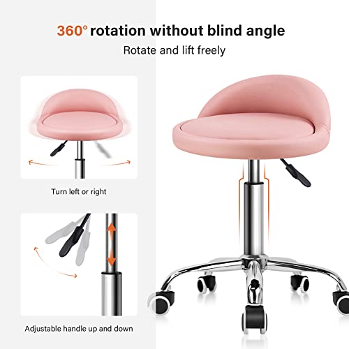 KKTONER PU Leather Round Rolling Stool with Back Rest Height Adjustable Swivel Drafting Work SPA Task Chair with Wheels Pink - color: Pink