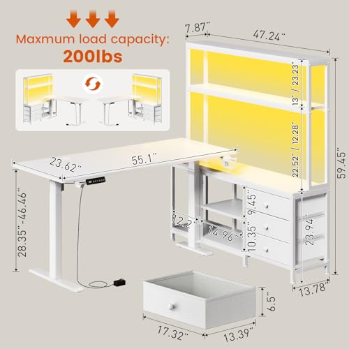 REAHOME 65Inch White L Shaped Standing Desk with Drawers and Hutch | Charging Station, RGB LED lights, Reversible Desk, File Drawer& Storage Cabinet for home office, Dual Motor Sit Stand Frame - color: White