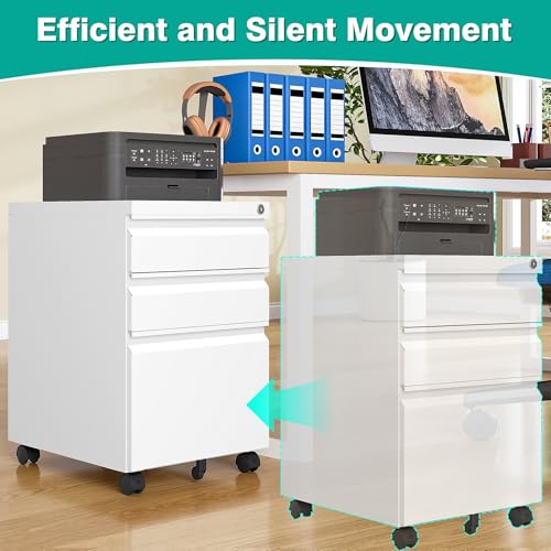 Assembled 3 Drawer File Cabinet with Wheels,Under Desk File Cabinet with Lock,White Rolling Filing Cabinets, Metal Filing Cabinets for Home Office,Fit A4/Letter/Legal,Pre-Assembled Except Caster - color: White, style: 3 Drawer