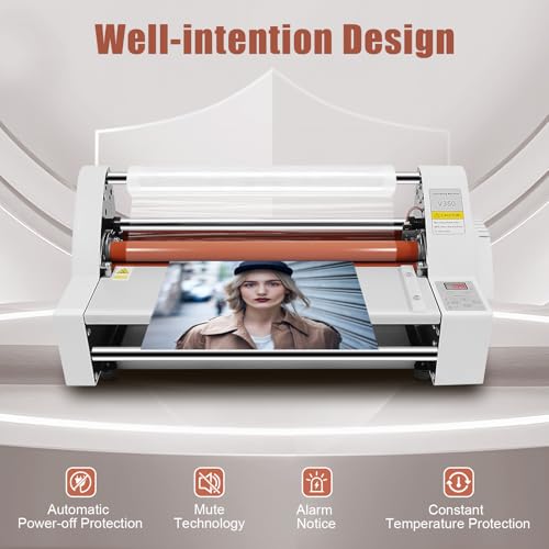 V350 Hot Cold Roll Laminator, 350mm Commercial Office Presentation Laminators Single Dual Side Thermal Laminating Machine for Paper Card Wood Veneer PVC Foil, Digital Display, Safety Protection