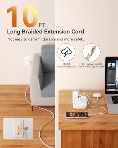 10FT Extension Cord with 6 USB(3 USB C) 8 Outlets, Flat Plug Power Strip - size: 10 FT-White-Three Prong