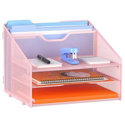 GAWERK Letter Tray Organizer, Mesh Desk File Organizer with 3 Paper Trays and 2 Vertical Upright Section (Pink) - color: Pink
