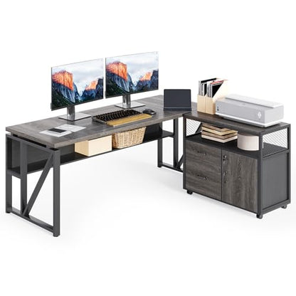 LITTLE TREE 63-Inch Office Desk with 31.5-Inch Lateral File Cabinet, Study Writing Desk Computer Desk for Home Office - color: Grey