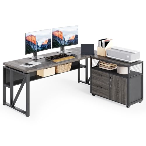 LITTLE TREE 63-Inch Office Desk with 31.5-Inch Lateral File Cabinet, Study Writing Desk Computer Desk for Home Office - color: Grey