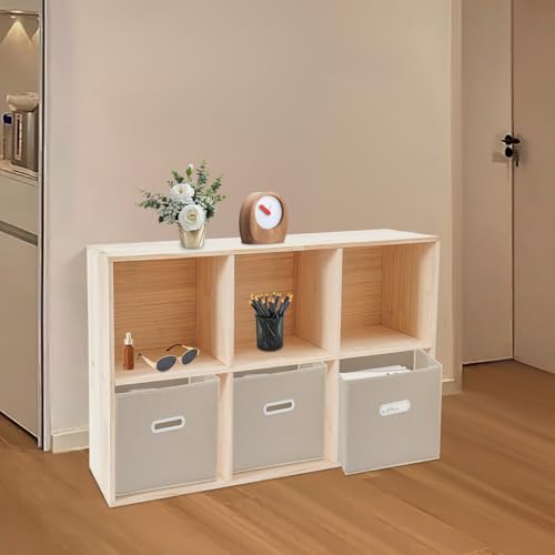 6 Cube Storage Organizer, Open Shelf Bookcase, Solid Wood Bookshelf with 3 Storage Bins, Vertical or Horizontal Book Shelf for Bedroom, Living Room, Office - size: 35.43*11.81*23.62in