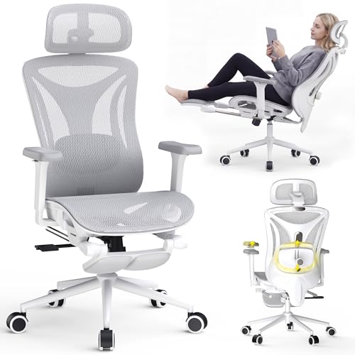 CYKOV Ergonomic Office Chair with Footrest - Adjustable Lumbar Support & Headrest, 90-160° Reclining Mesh Back Computer Chair - Home Office/Gaming, 350lbs Capacity (W-Grey, Mesh) - color: W-grey