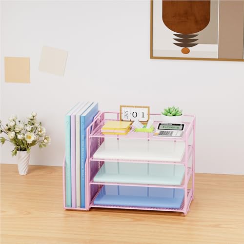 Marbrasse 4-Tier Paper Tray Organizer with File Holder, Pink | Sturdy Paper Tray, Built-in File Holder, fits Letters/Docs, Saves Desk Space, for School/Office/Home - color: Pink