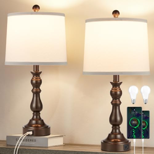 Brown Table Lamps Set of 2, Brown Lamps for Bedroom, USB C+A Ports - color: G. White Shade & Brown Base