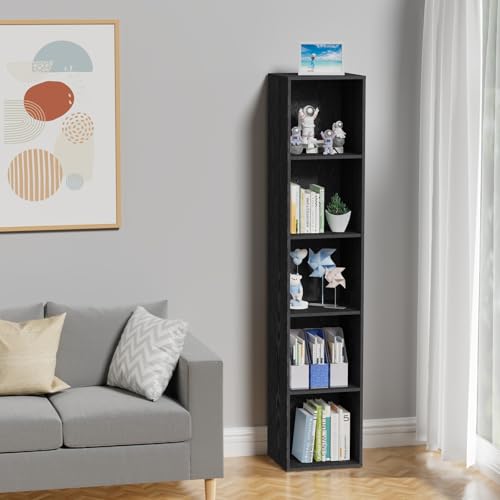 5 Tier Bookshelf, Open Tall Narrow Floor Standing Bookcase, Wooden Book Shelf Display Organizer for Home Office, Study (Black, 5 Cube) - color: Black, size: 5-Cube