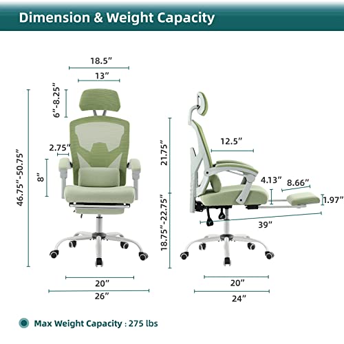 DUMOS Gaming Chair with Footrest, Home Office Desk Chair | High-Back Mesh Rolling Swivel with Wheels, Comfy Headrest, Arms, Lumbar Support, Elegant Green - color: Elegant Green, size: 23"D x 20"W x 50.75"H