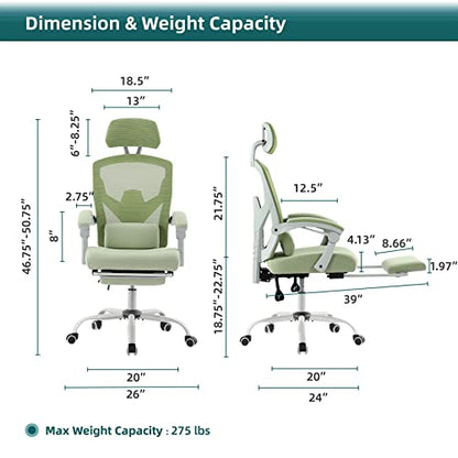 DUMOS Gaming Chair with Footrest, Home Office Desk Chair | High-Back Mesh Rolling Swivel with Wheels, Comfy Headrest, Arms, Lumbar Support, Elegant Green - color: Elegant Green, size: 23"D x 20"W x 50.75"H