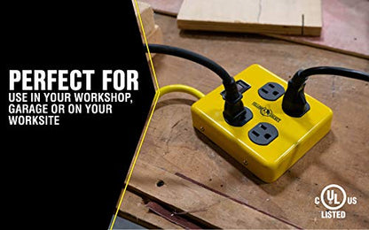 Southwire Yellow Jacket Metal Power Block - Heavy Duty Design - 4 Outlet Grounded Plug Splitter - Lighted Switch - 4 Ft Yellow Cord Plug - Durable Workshop Use - size: 4 ft
