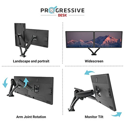 Progressive Desk Dual Gas Spring Monitor Mount Stand - Fits 10"-27" Monitors - ±180° Monitor Rotation - Arm Holds Up to 20 lbs per Arm - style: Dual 10"-27"