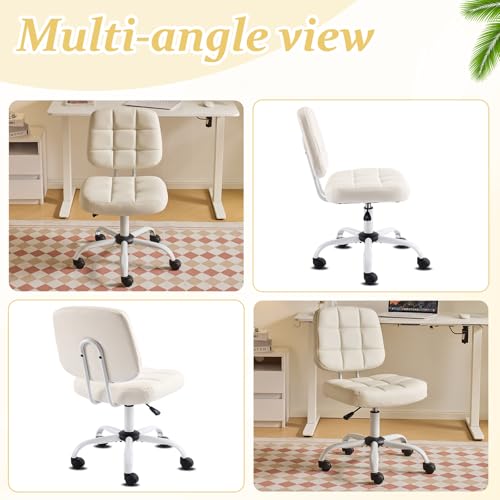 VINGLI Compact Small Desk Chair, Cute Armless Chair with Wheels, Vanity Chair with Low Back, Height Adjustable Task Chair for Small Spaces, Office, Bedroom, Make Up Room, PU Leather, White - color: White