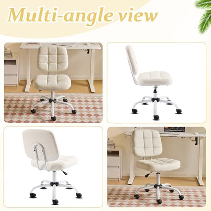 VINGLI Compact Small Desk Chair, Cute Armless Chair with Wheels, Vanity Chair with Low Back, Height Adjustable Task Chair for Small Spaces, Office, Bedroom, Make Up Room, PU Leather, White - color: White