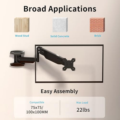 Suptek Single Wall Mount Monitor for 13-32" | Full Motion Adjustable, Gas Spring Arm, Holds up to 22lbs, VESA 75x75/100x100