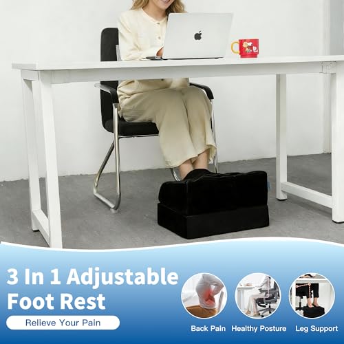 3 Adjustable Heights Foot Rest for Under Desk at Work, Comfortable Footrest with Warm Plush Feet Pocket, Washable Cover, Foot Stools for Office, Chair and Gaming - Leg Pain Relief (Black)