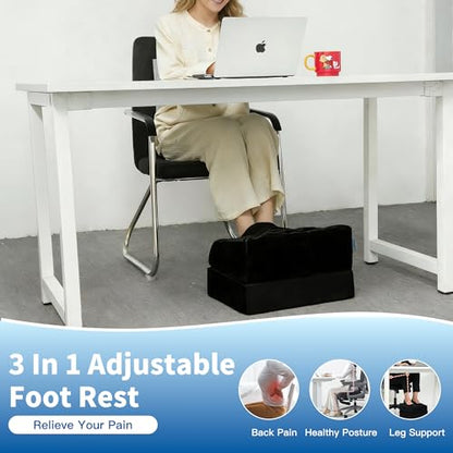 3 Adjustable Heights Foot Rest for Under Desk at Work, Comfortable Footrest with Warm Plush Feet Pocket, Washable Cover, Foot Stools for Office, Chair and Gaming - Leg Pain Relief (Black)